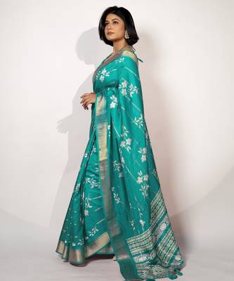 women's floral print cotton silk saree -turquoise 4