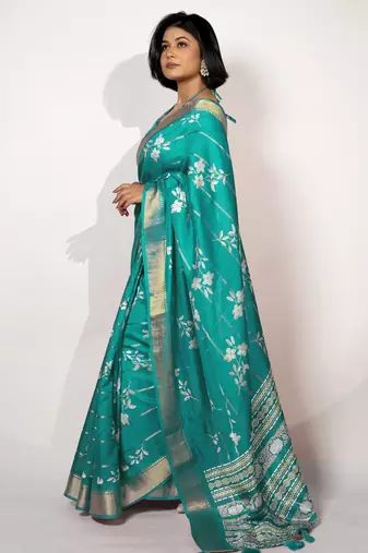 women's floral print cotton silk saree -turquoise