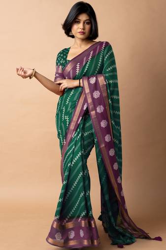 women's bandhani stripes print cotton silk saree -green