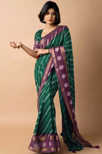 women's bandhani stripes print cotton silk saree -green