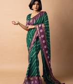 women's bandhani stripes print cotton silk saree -green