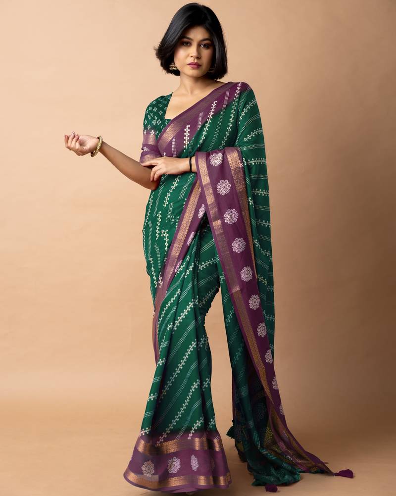 women's bandhani stripes print cotton silk saree -green