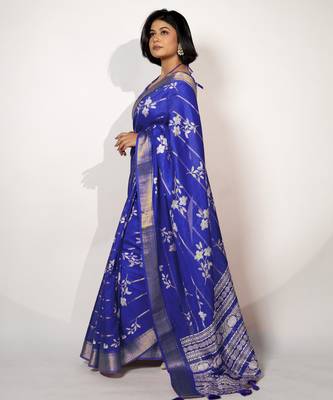 women's floral print cotton silk saree -blue 3