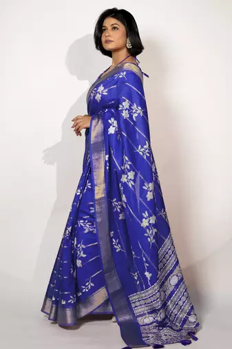 women's floral print cotton silk saree -blue