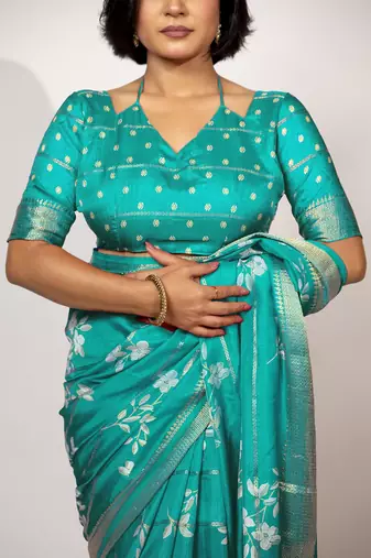 women's floral print cotton silk saree -turquoise