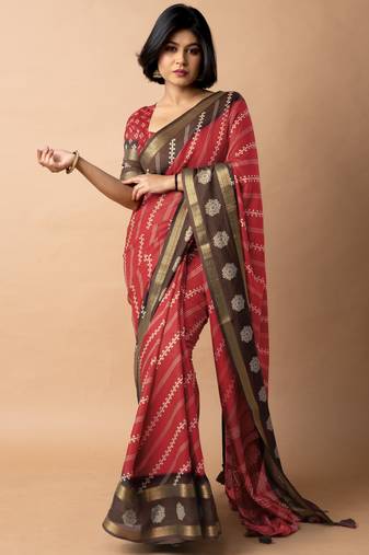 women's bandhani stripes print cotton silk saree -red