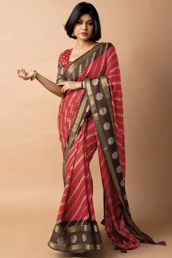 women's bandhani stripes print cotton silk saree -red