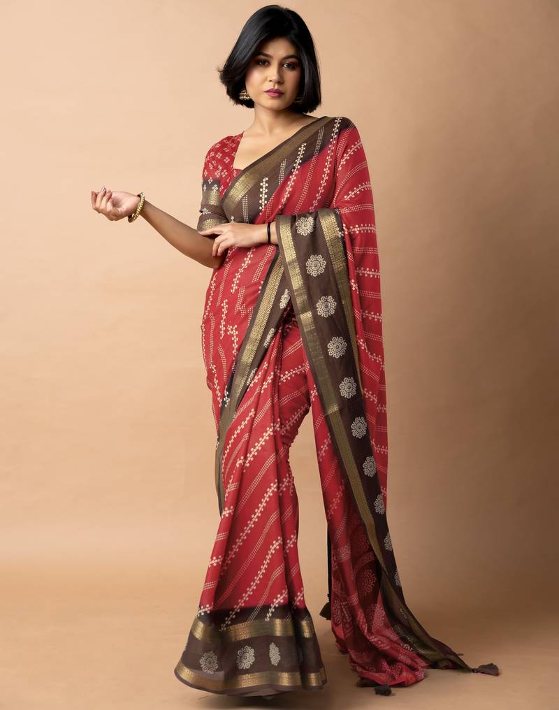 women's bandhani stripes print cotton silk saree -red