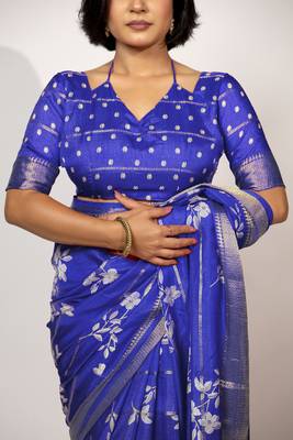 women's floral print cotton silk saree -blue 4