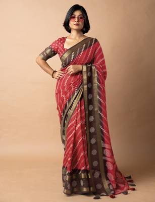 women's bandhani stripes print cotton silk saree -red 2