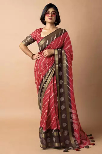 women's bandhani stripes print cotton silk saree -red