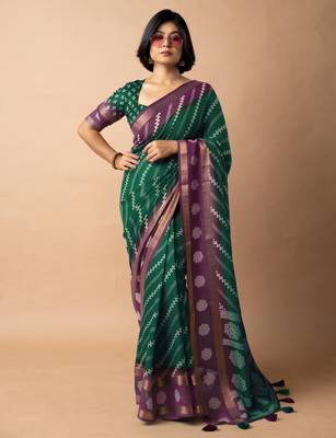 women's bandhani stripes print cotton silk saree -green 2