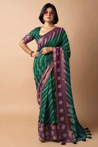 women's bandhani stripes print cotton silk saree -green