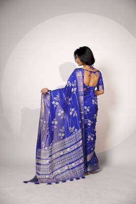 women's floral print cotton silk saree -blue 5
