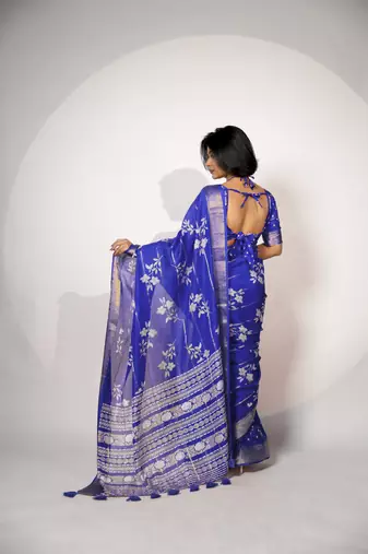 women's floral print cotton silk saree -blue