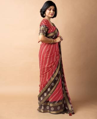 women's bandhani stripes print cotton silk saree -red 3