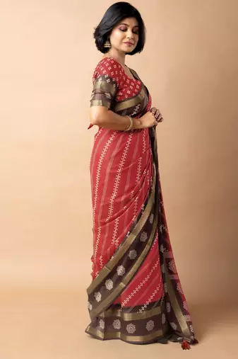 women's bandhani stripes print cotton silk saree -red