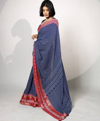 women's chevron/zig zag print cotton silk saree -blue 1
