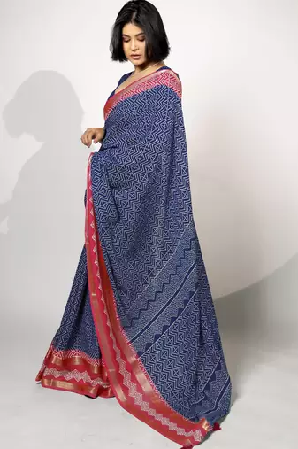 women's chevron/zig zag print cotton silk saree -blue
