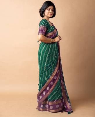 women's bandhani stripes print cotton silk saree -green 3