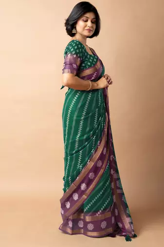 women's bandhani stripes print cotton silk saree -green