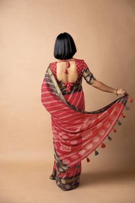 women's bandhani stripes print cotton silk saree -red 4