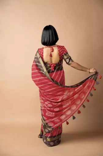 women's bandhani stripes print cotton silk saree -red
