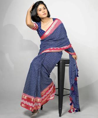 women's chevron/zig zag print cotton silk saree -blue 2