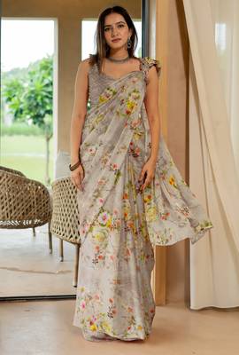 women's floral print chiffon saree -grey 1