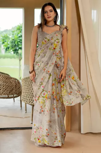 women's floral print chiffon saree -grey