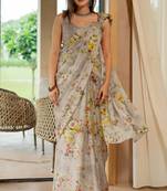 women's floral print chiffon saree -grey