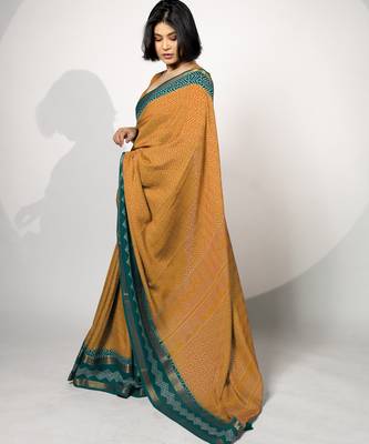 women's chevron/zig zag print cotton silk saree -orange 1