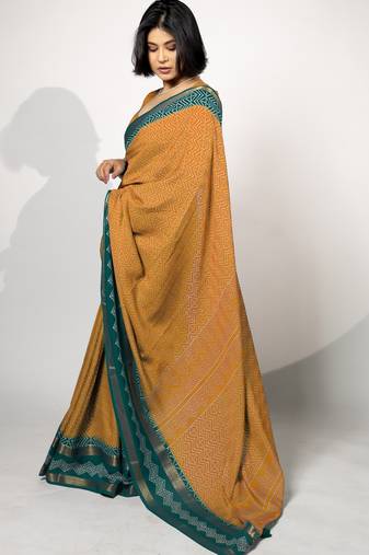 women's chevron/zig zag print cotton silk saree -orange