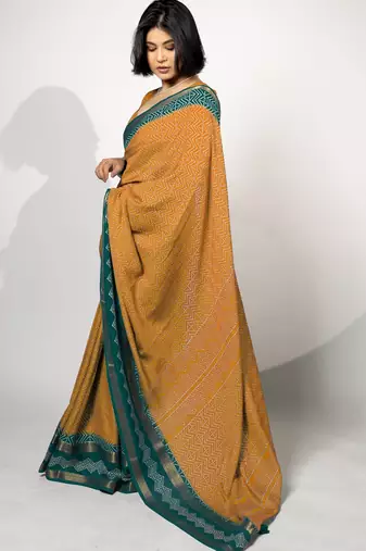 women's chevron/zig zag print cotton silk saree -orange