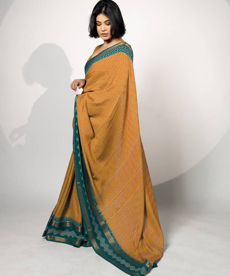 women's chevron/zig zag print cotton silk saree -orange