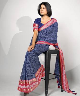 women's chevron/zig zag print cotton silk saree -blue 3