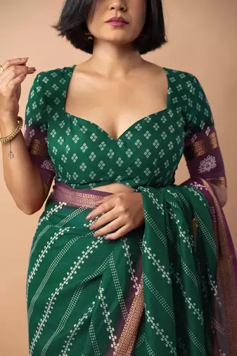 women's bandhani stripes print cotton silk saree -green