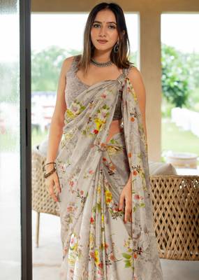 women's floral print chiffon saree -grey 2