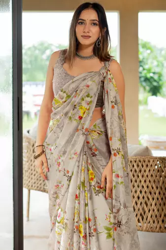 women's floral print chiffon saree -grey
