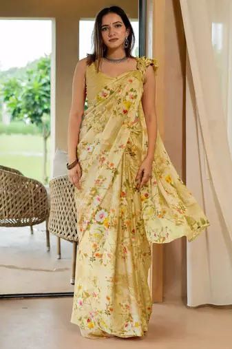 women's floral print chiffon saree -yellow