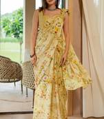 women's floral print chiffon saree -yellow