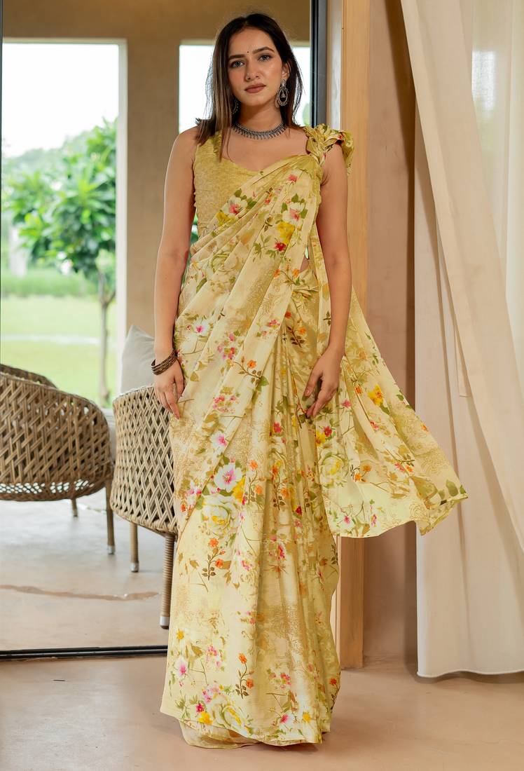 women's floral print chiffon saree -yellow