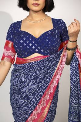 women's chevron/zig zag print cotton silk saree -blue 4