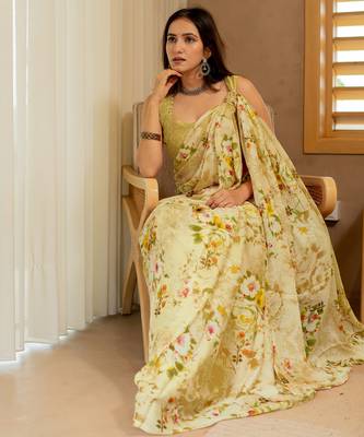 women's floral print chiffon saree -yellow 3