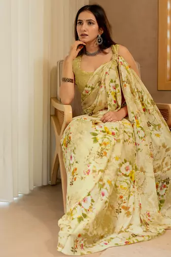 women's floral print chiffon saree -yellow