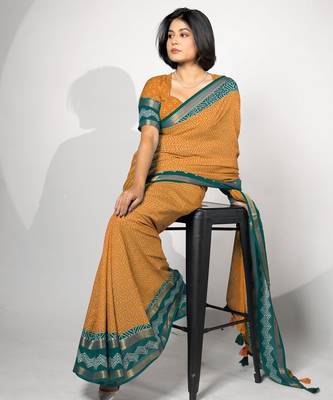 women's chevron/zig zag print cotton silk saree -orange 3