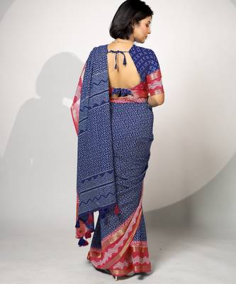 women's chevron/zig zag print cotton silk saree -blue 5