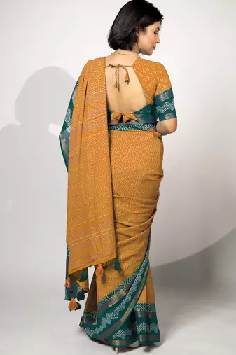 women's chevron/zig zag print cotton silk saree -orange