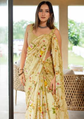 women's floral print chiffon saree -yellow 5