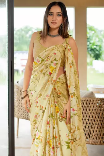 women's floral print chiffon saree -yellow